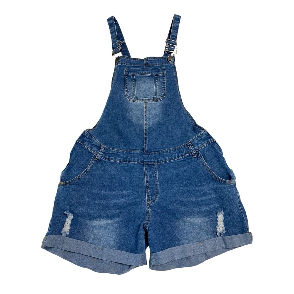 Women's XL Maternity Blue Denim Short Overalls Side Elastic Panel Stretch